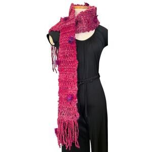 Vintage Unique Handmade Floral Applique Long Cozy Scarf Pink Purple Fringe Artsy